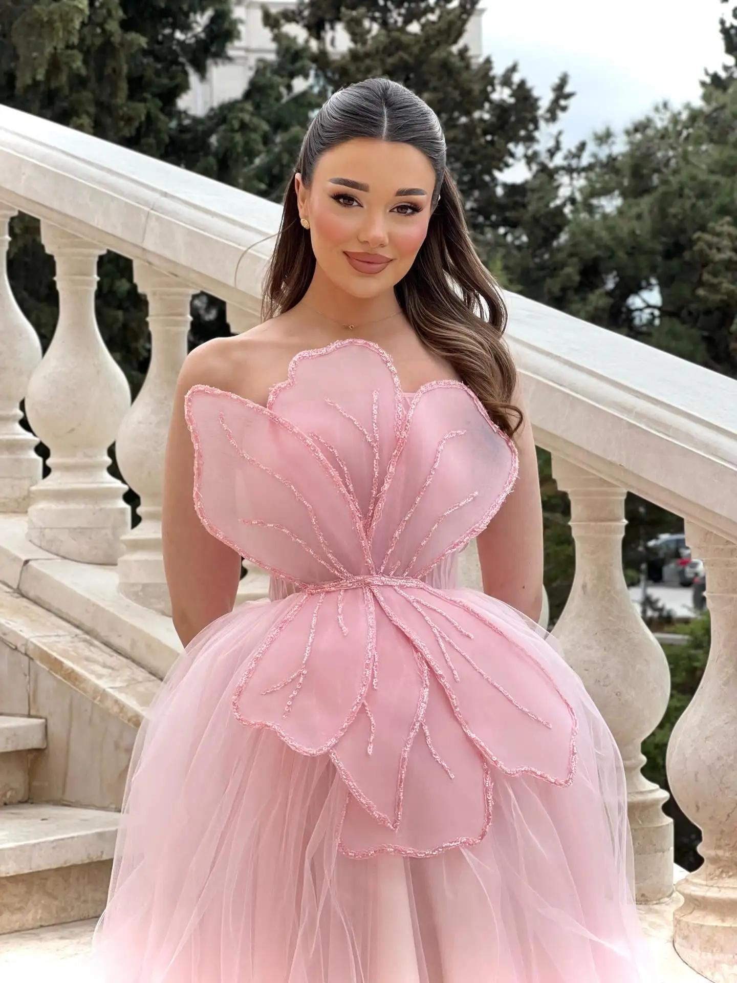 Nouvelle Robe de Bal Rose sans Bretelles à Fleurs, Coupe A-line en Tulle, Robe de Soirée Scintillant