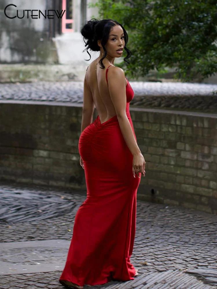 Nibber rouge brillant Spaghetti sangle Maxi Robe femmes solide Sexy dos nu froncé décolleté corps-sh