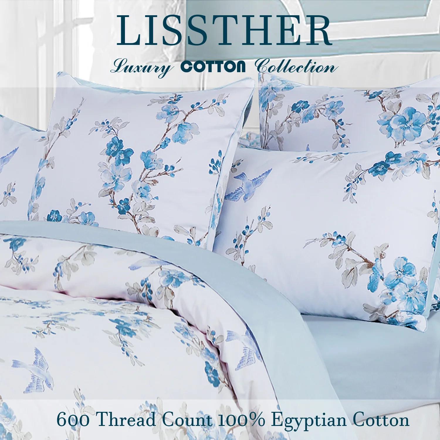 Ensemble de housse de couette 100% coton égyptien 600TC, 3 pièces, motif Floral aquarelle bleu, doux