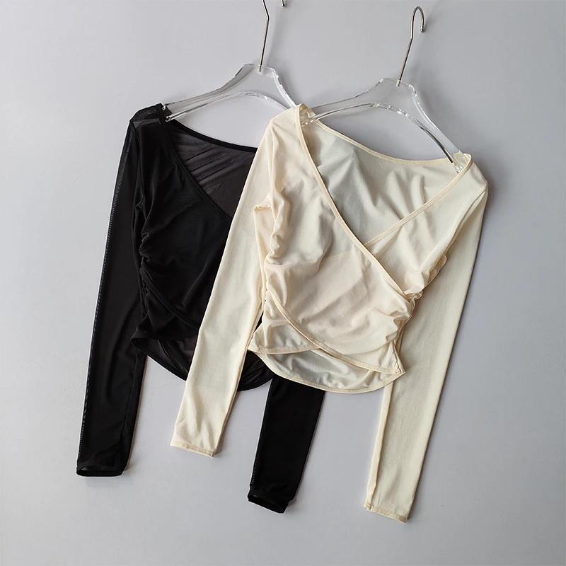 T-shirt sport col V maille respirante - Yoga running fitness - Manches longues entraînement