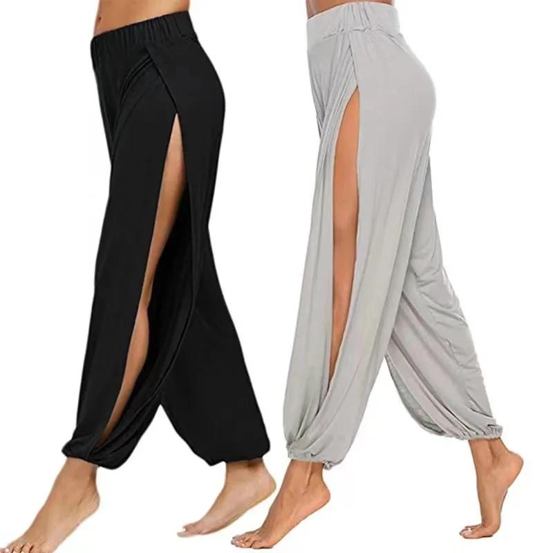 Mode taille élastique femmes haute fente Hippy décontracté Harlan pantalon Yoga pantalon taille haut