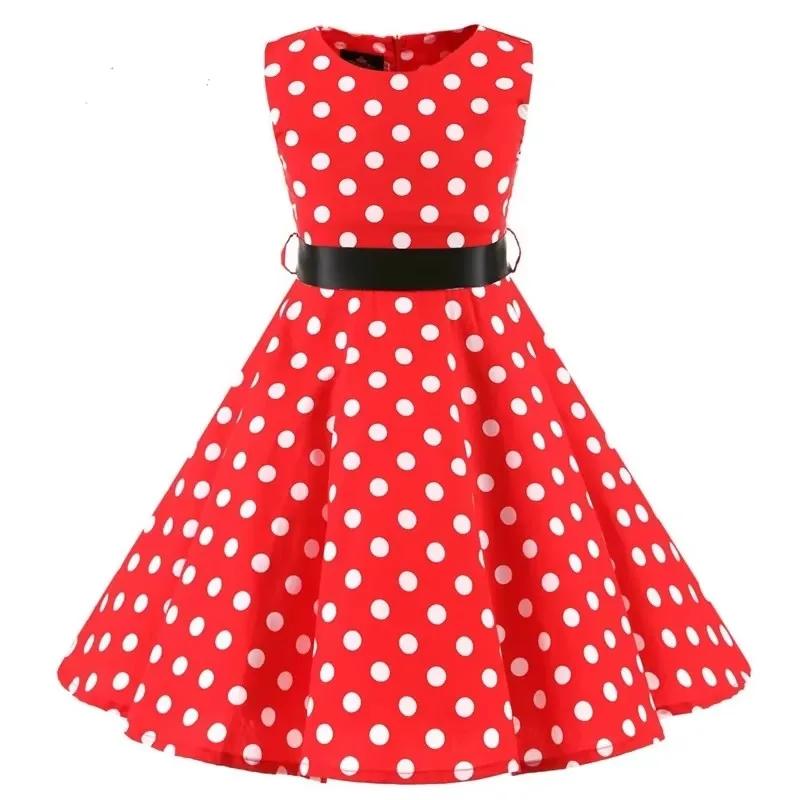 Robe trapèze Vintage à pois pour enfants des années 1950, robe mi-longue à fleurs, en coton, robe d'