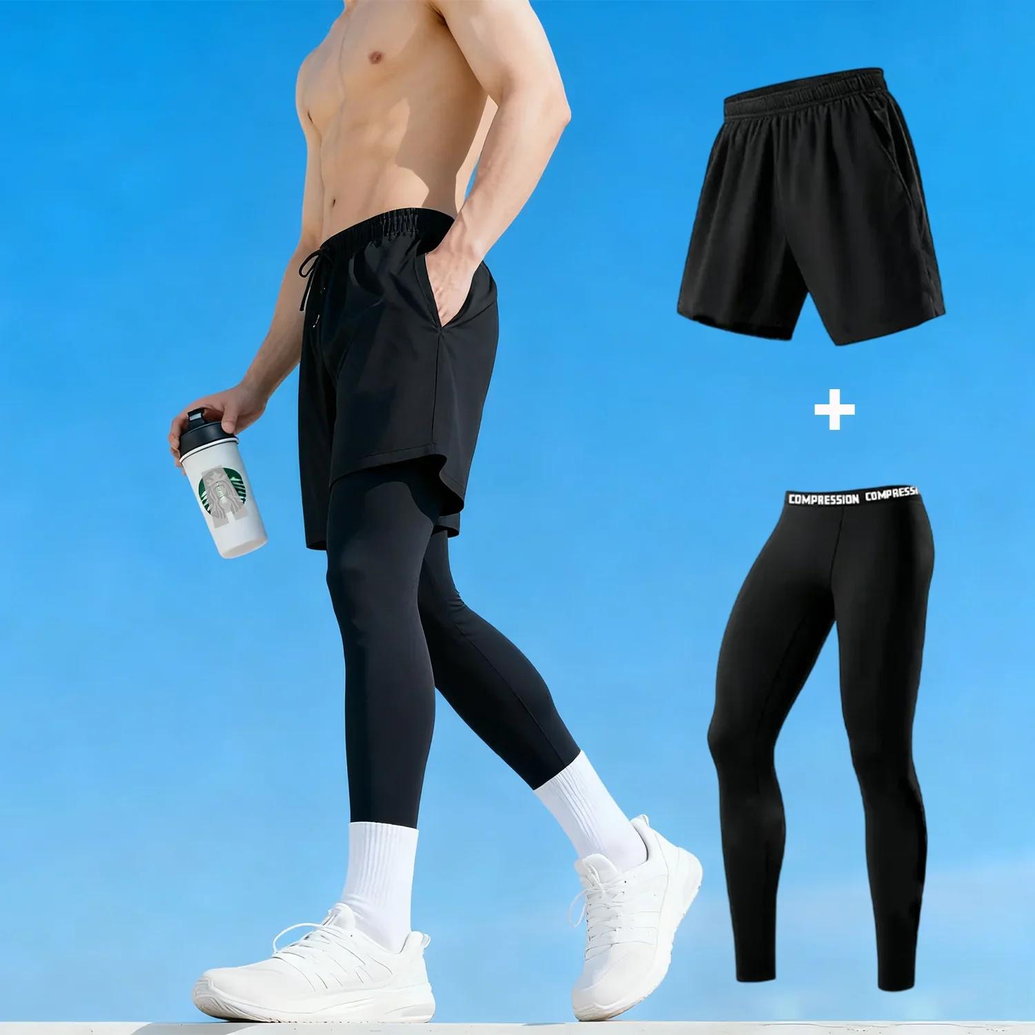 Pantalons de Compression pour hommes avec short, Leggings d'entraînement de course à pied, haute éla