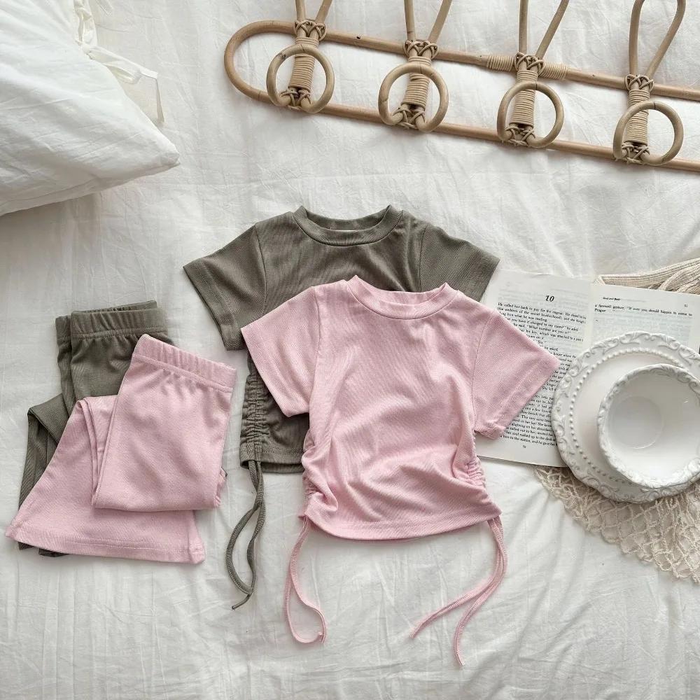 Bear Leader – ensemble d'été pour bébé fille, Version coréenne, couleur unie, col rond, haut avec co