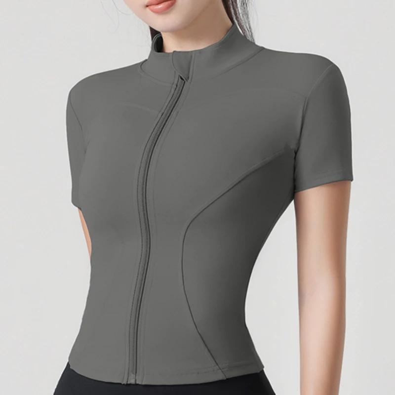 Femme yoga veste haute élastique Yoga à manches courtes manteau col montant serré sport manteau nu F