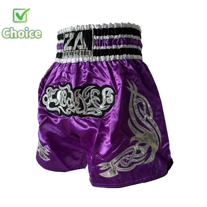Short Muay Thai short de boxe thaïlandais traditionnel hommes femmes enfants violet noir Satin brodé