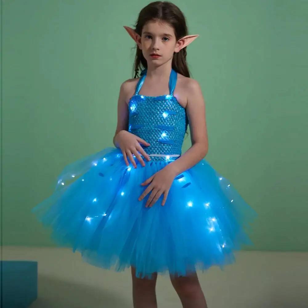 Costumes d'Avatar avec Lumières LED pour Bol, Robe Tutu Dégradé d'Halloween avec Oreilles d'Elfe, Te