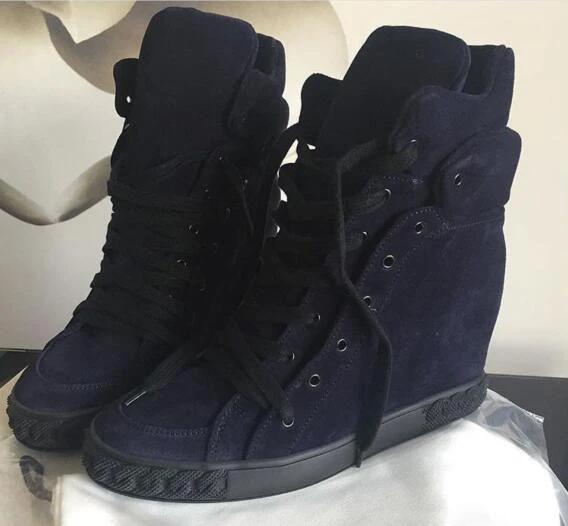 Chaussures décontractées en cuir suédé de vache noir argent femmes hauteur augmentant à lacets dames