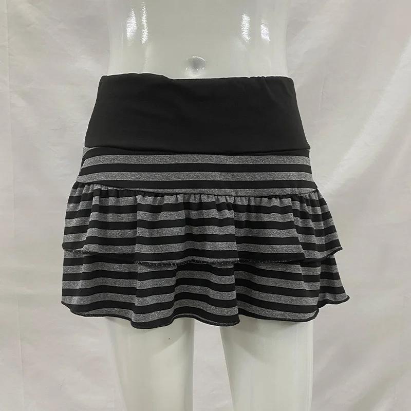 Mini jupe à volants rayée noire et grise, vêtements pour femmes Y2K Grunge, taille haute, taille éla