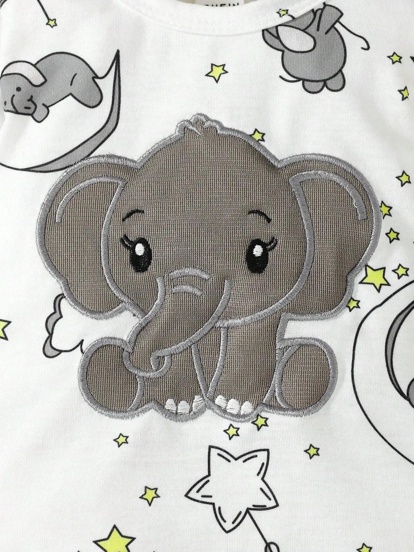 Barboteuse à manches longues avec chapeau, 2 pièces, motif d'éléphant de dessin animé mignon pour bé