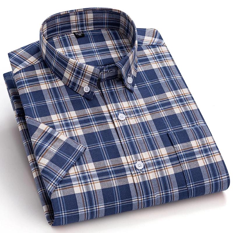 Chemises Oxford à manches courtes pour hommes, 100% pur coton, à carreaux, doux, coupe régulière, ro