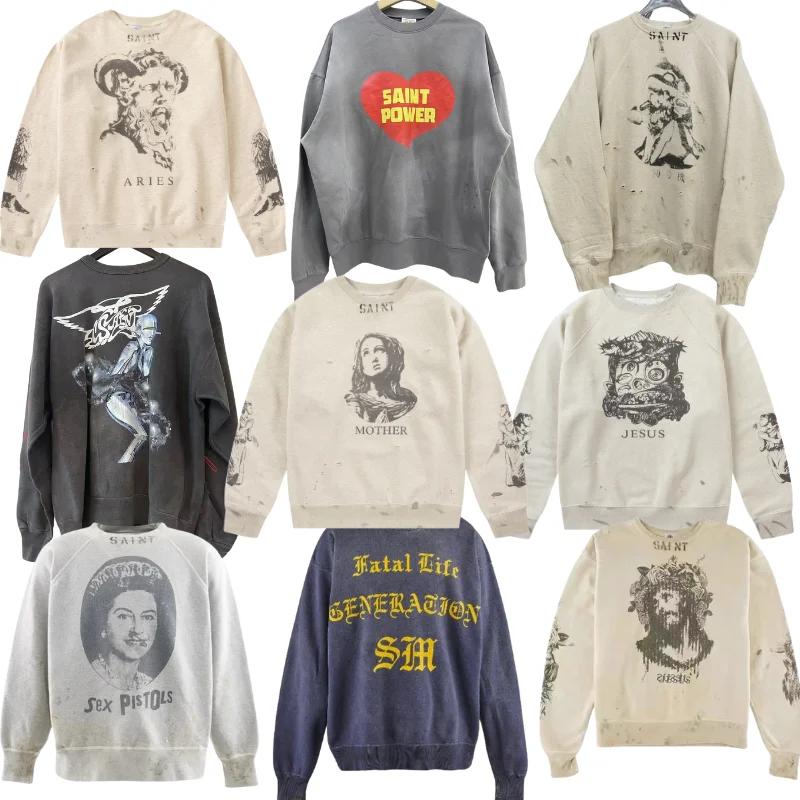 SAINT Vintage pull éclaboussé d'encre Graffiti Destruction col rond à capuche automne hiver hommes f