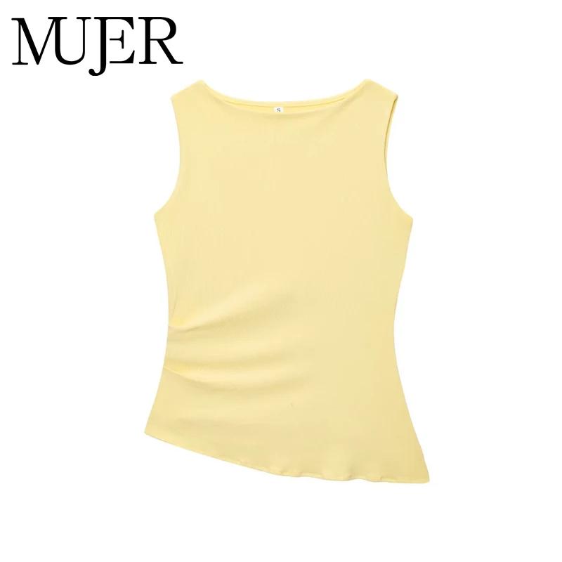 MUJER jaune froncé haut femme asymétrique débardeurs hauts pour femmes 2025 été haut sans manches fe
