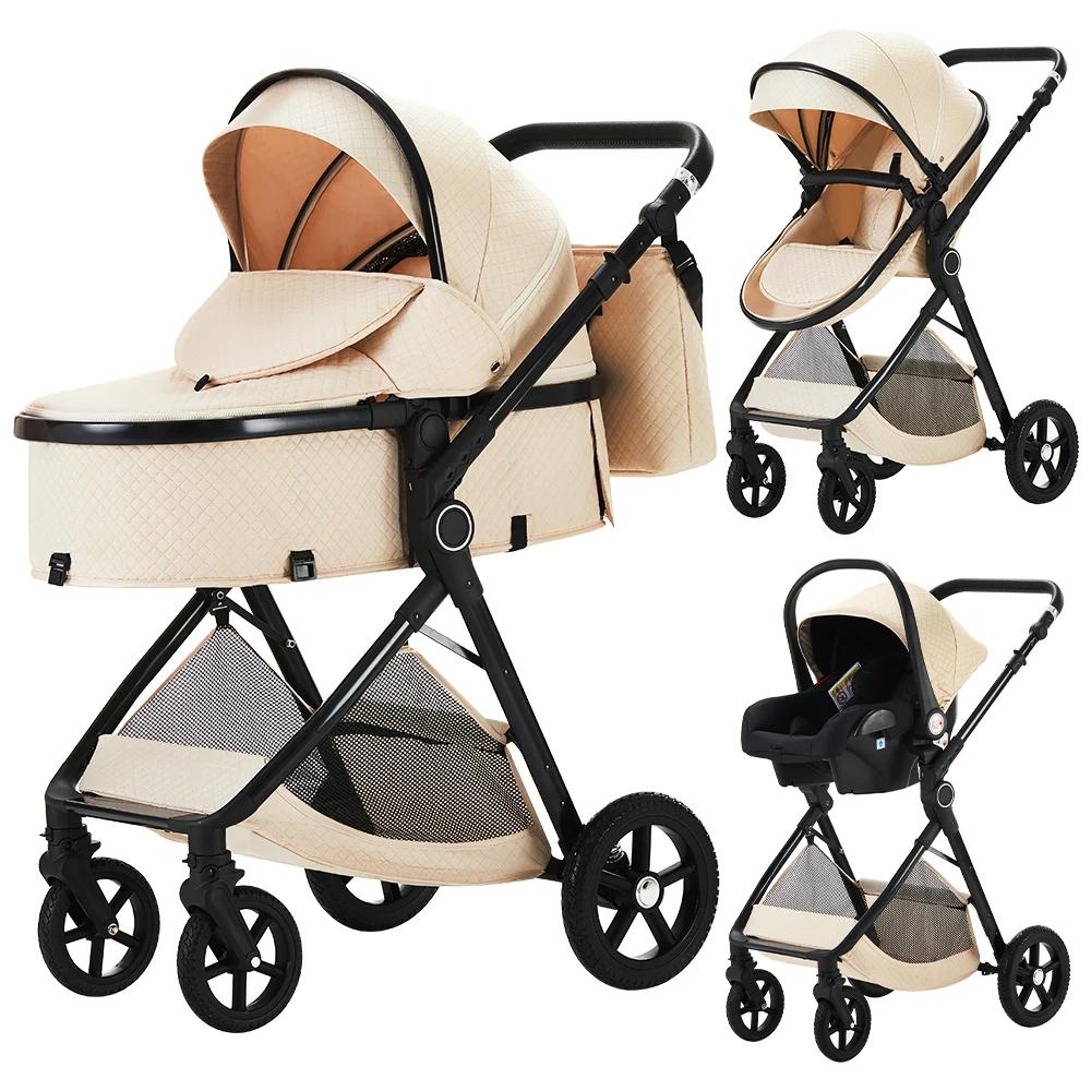 Poussette 3 en 1 pour bébé, avec poignée réglable, landau de voyage avec sacs pour maman, filet pour