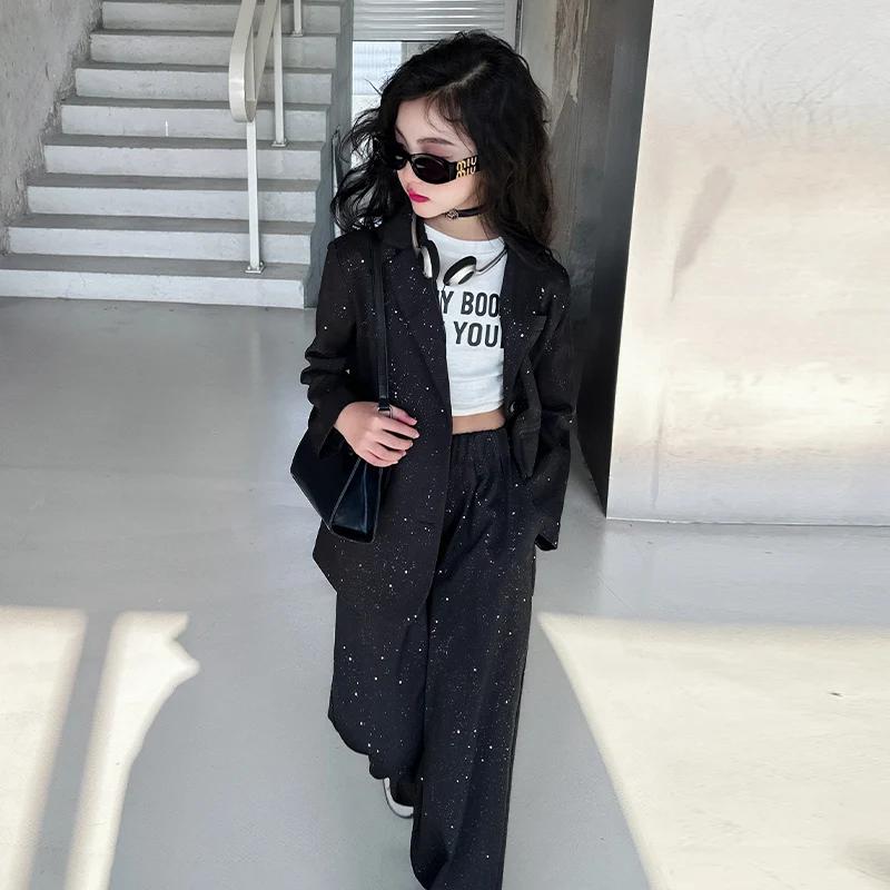 Design adolescente costume brillant ensemble noir gris Blazer + pantalon à jambes larges 2pc junior