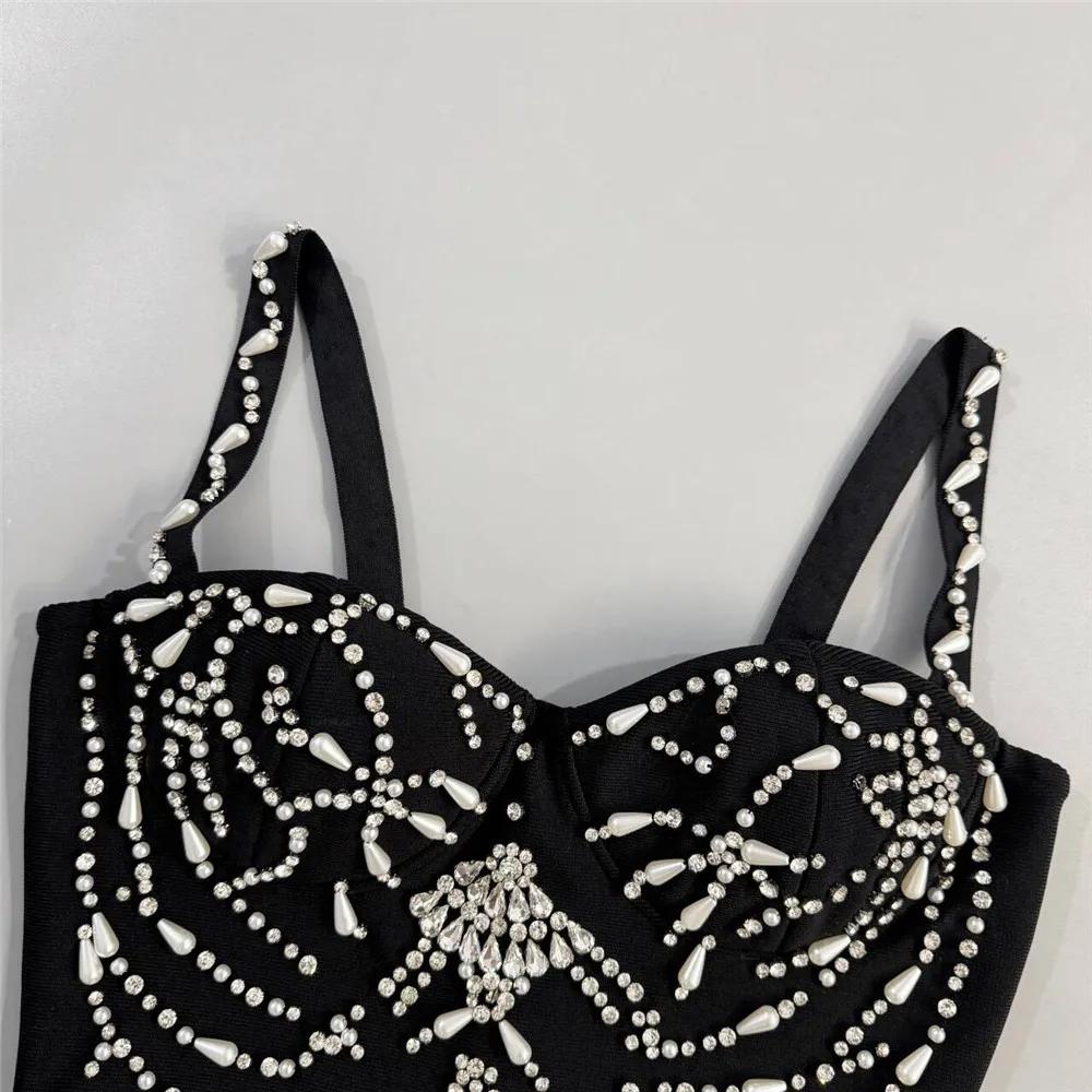 Femmes élégantes perles robe de pansement Spaghetti sangle moulante vêtements Club fête robes de soi