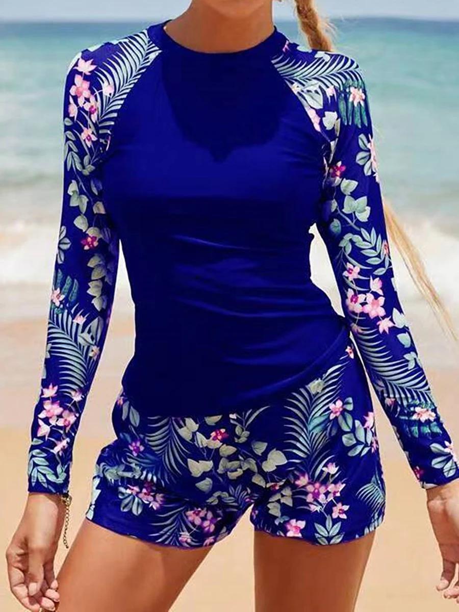 Maillot de bain surf manches longues 2026 femme - Imprimé deux pièces plongée plage