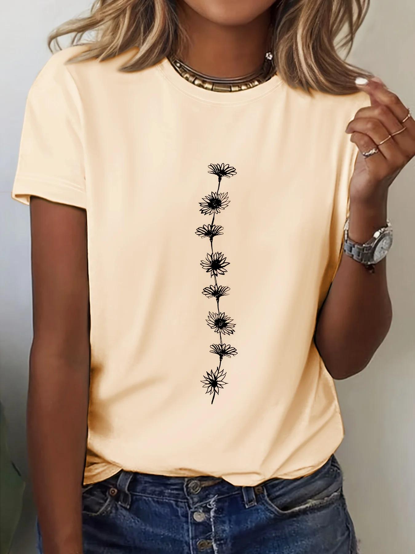 T-Shirt décontracté imprimé tournesol pour femmes, haut à manches courtes et col rond, parfait pour