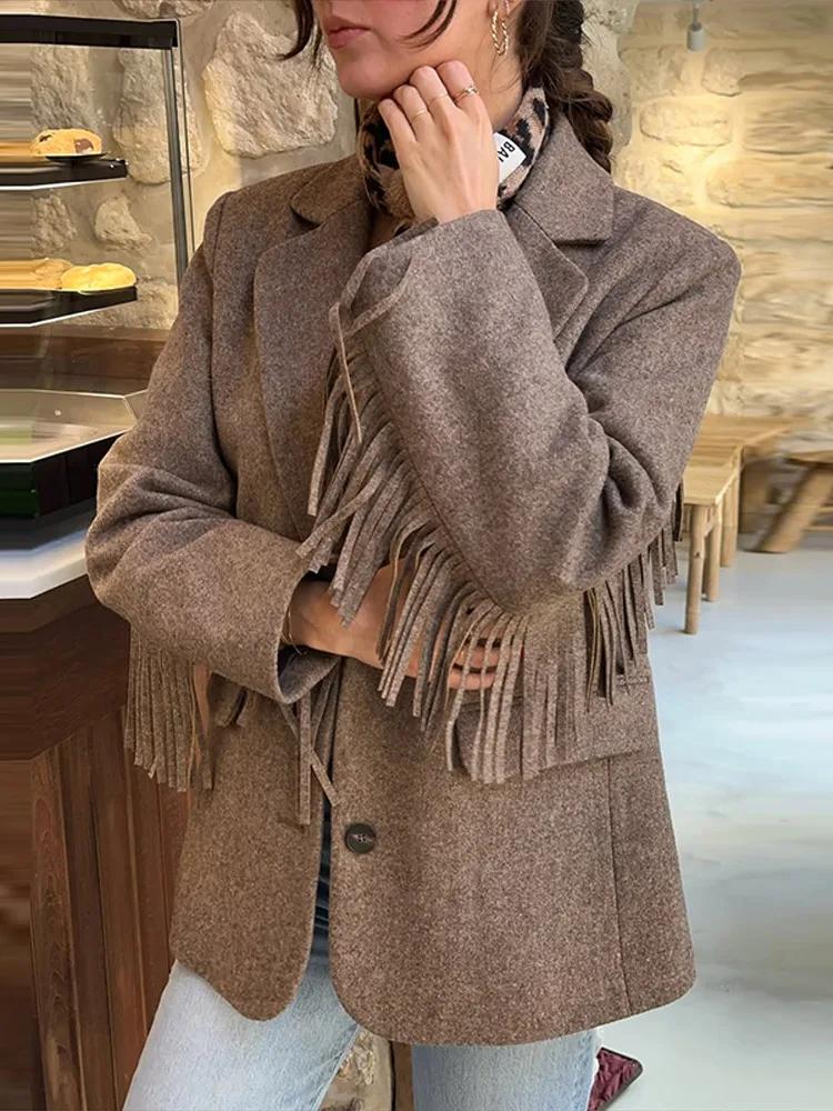 Blazer de bureau pour femme à franges, mode printemps 2026, coupe ajustée, simple boutonnage, manche