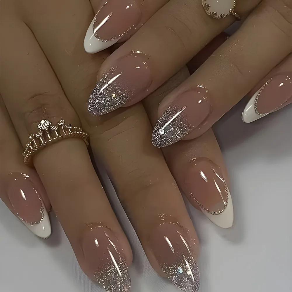 Faux ongles en forme d'amande à paillettes simples, avec colle, Design d'ongles ballerine, doux et f