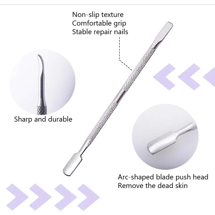 Dissolvant de cuticules en acier inoxydable, Double face, doigt, peau morte, poussoir de cuticules,