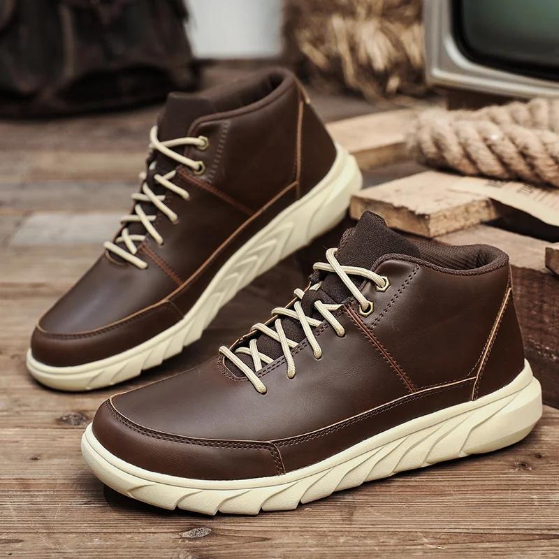 Bottes à semelles épaisses pour hommes, chaussures décontractées marron à lacets, bottines de randon