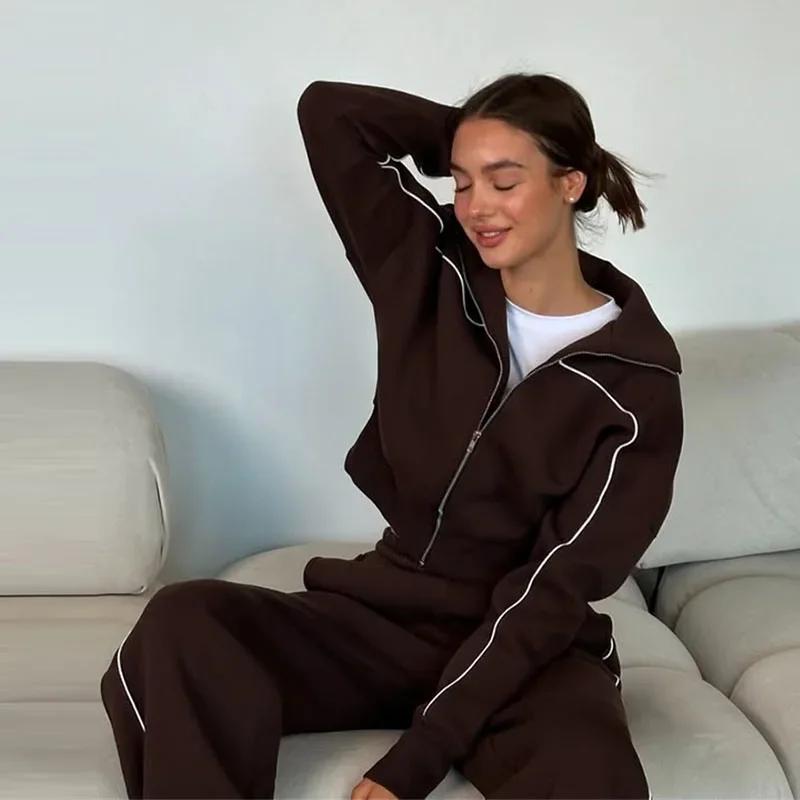 Survêtement femmes 2 pièces ensemble mode revers sweat veste zippée et pantalon à jambes larges cost