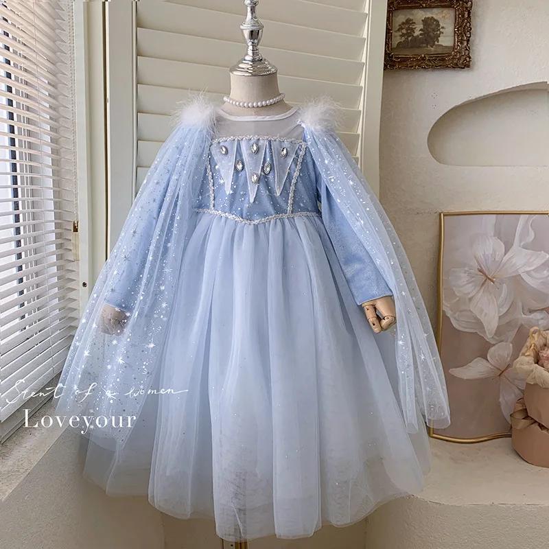 Robe princesse Elsa pour filles, automne 2025, robe en gaze moelleuse au trésor pour femmes avec châ