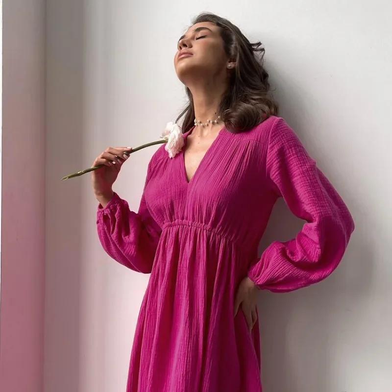 Robes élégantes en mousseline de coton pour femmes, manches longues, col en V, décontracté, fête, va