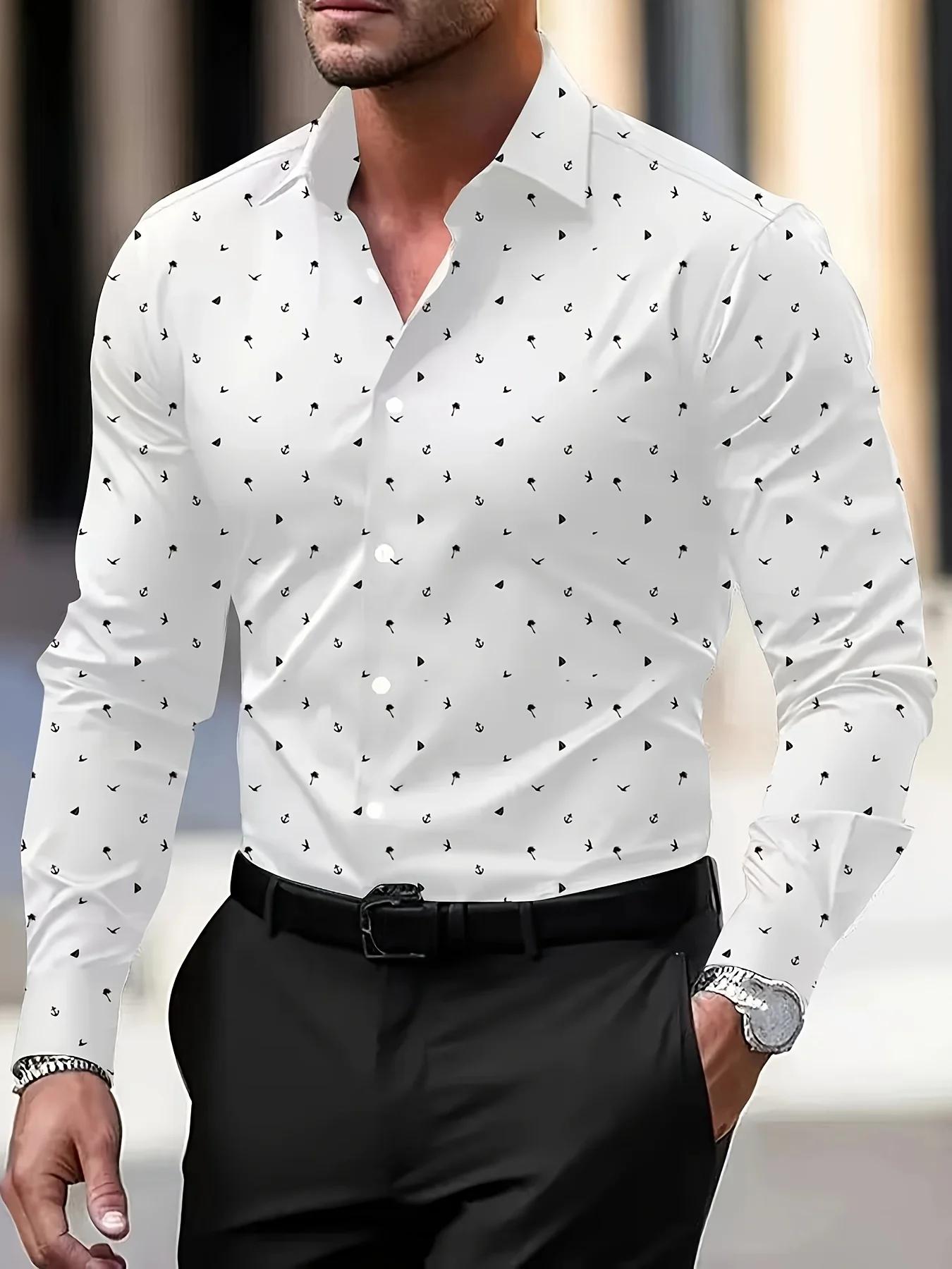 Chemise élégante à manches longues pour hommes à imprimé géométrique, chemise boutonnée décontractée