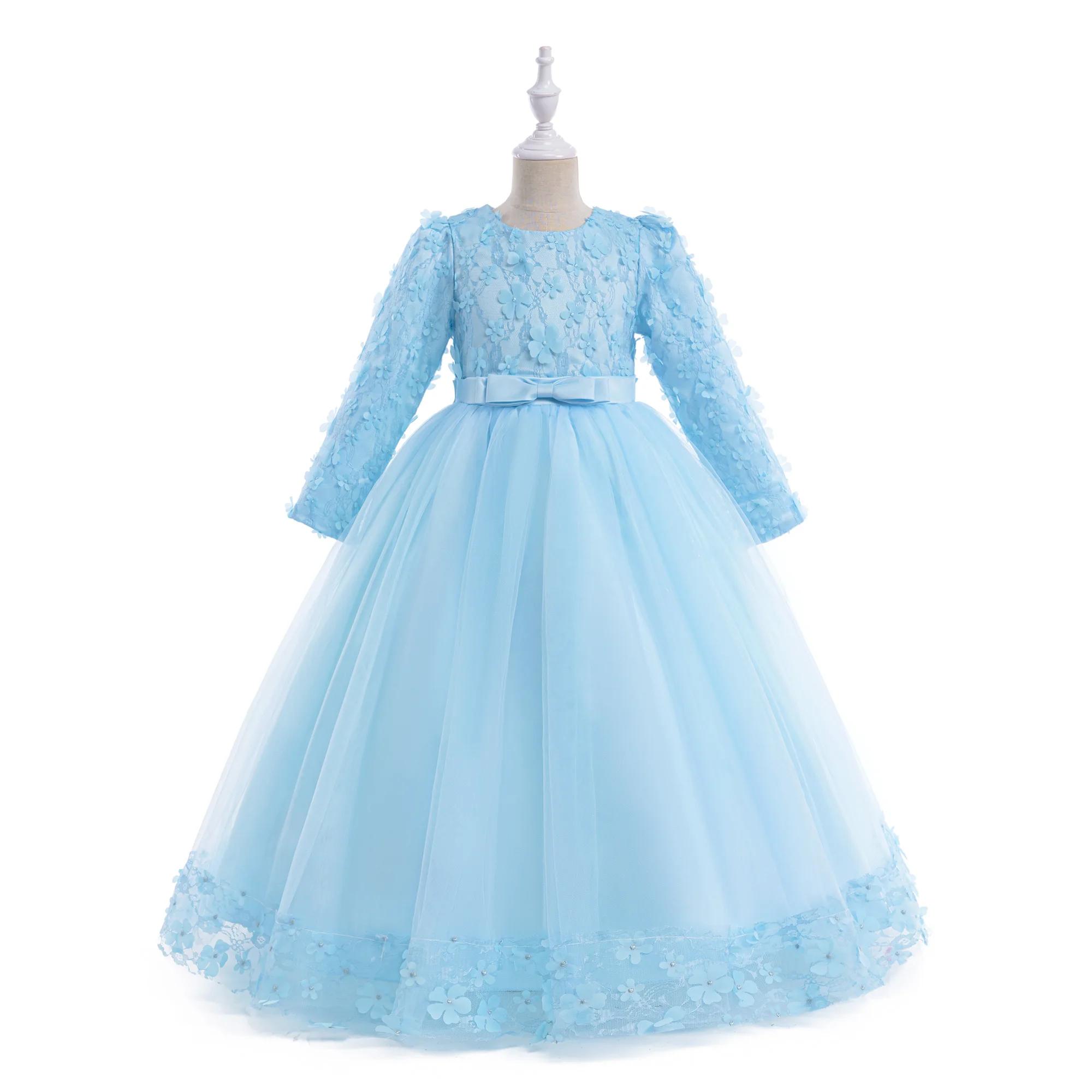Robe de demoiselle d'honneur à manches longues pour filles, costume de Noël pour enfants, nœud en de