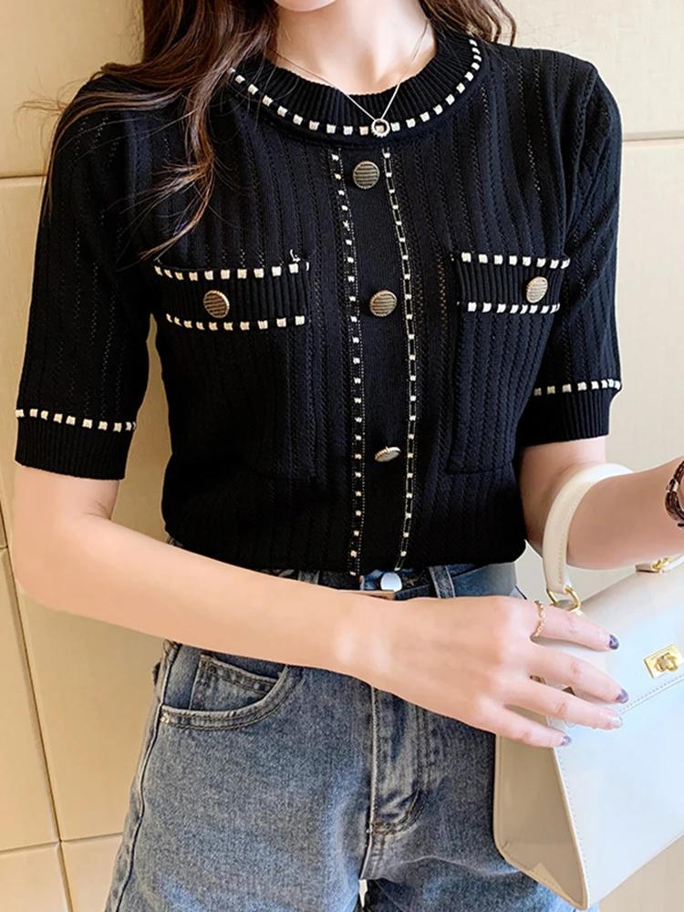 T-shirt blanc à manches courtes pour femme, vêtement basique avec poches, estival et décontracté, 20