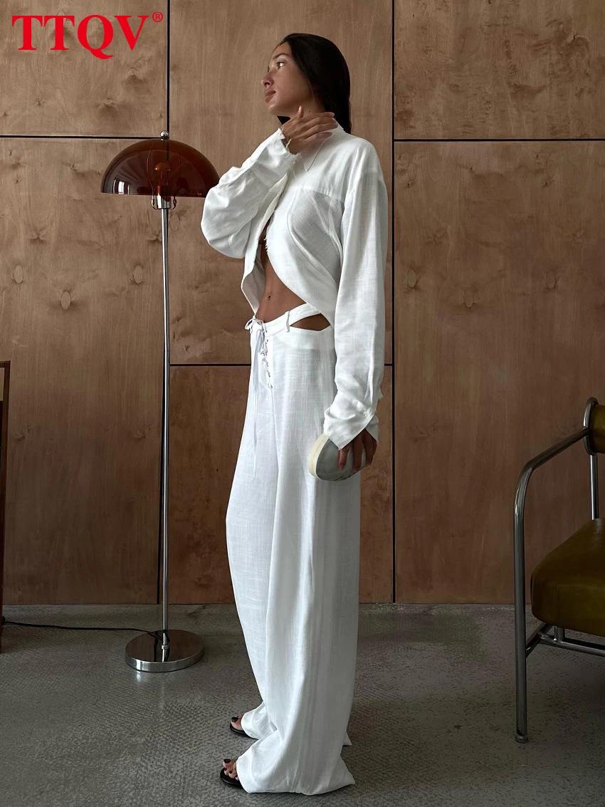 TTQV – ensemble deux pièces en lin blanc pour femmes, ample, élégant, chemise à manches longues avec