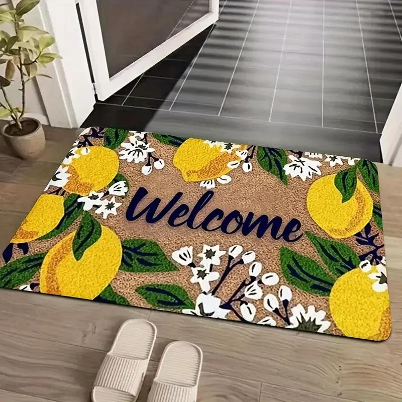 Tapis de bienvenue citron et floral avec bienvenue, tapis intérieur et extérieur durable pour entrée