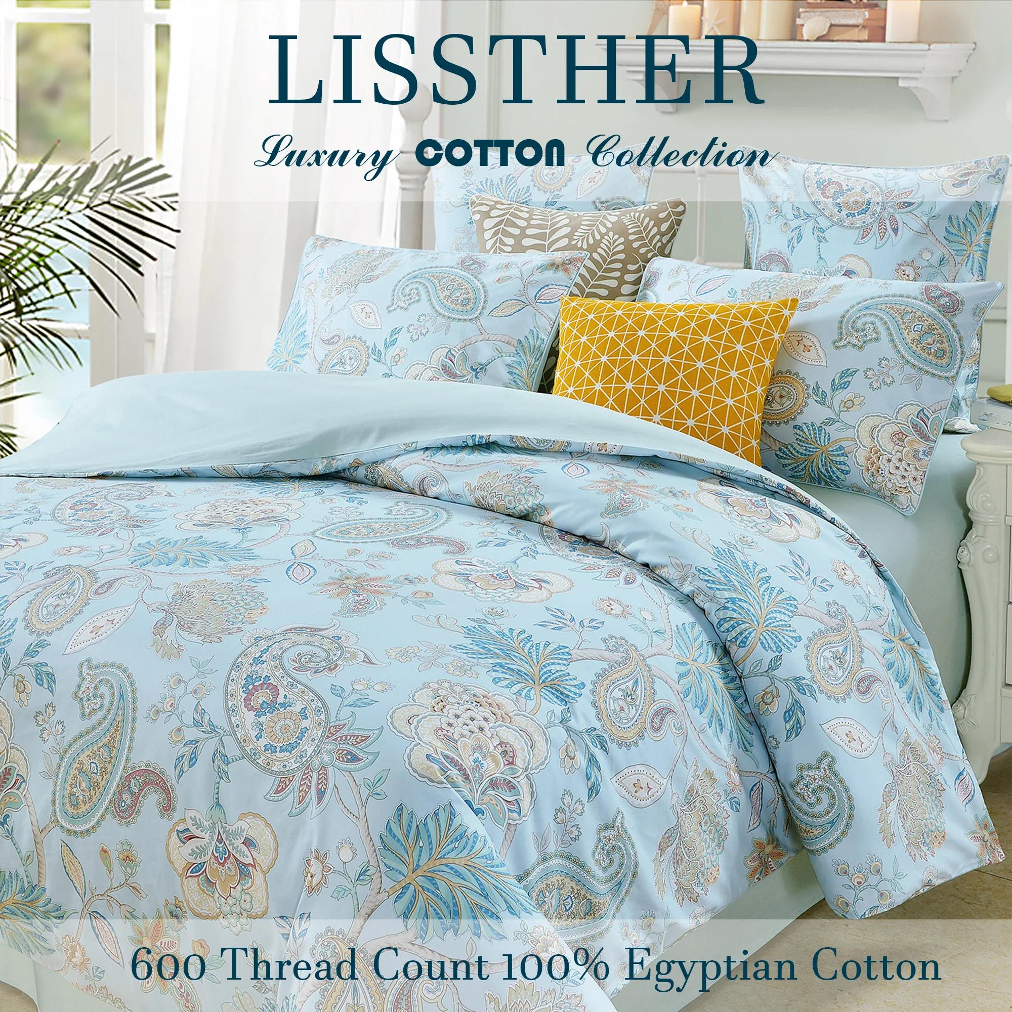 Ensemble de housses de sport en coton égyptien 600 TC 100%, sans noyau, motif floral de jardin bleu