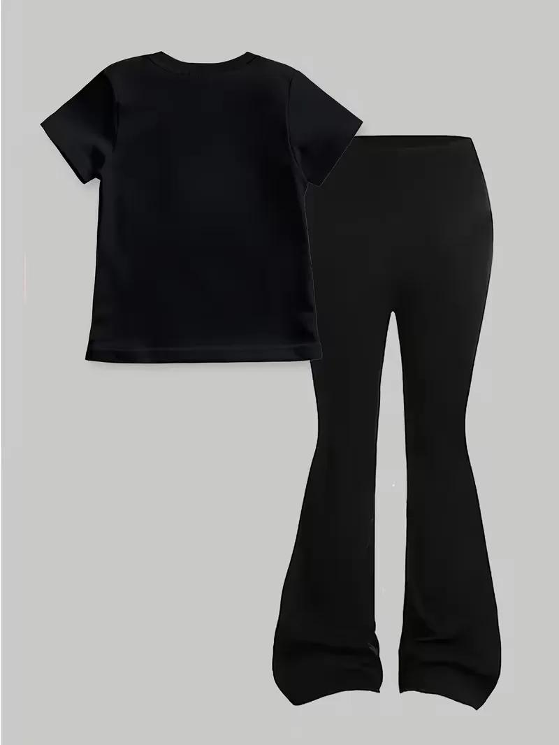 Tenue noire et violette tendance pour filles de 4 à 12 ans : T-shirt à manches courtes et pantalon é