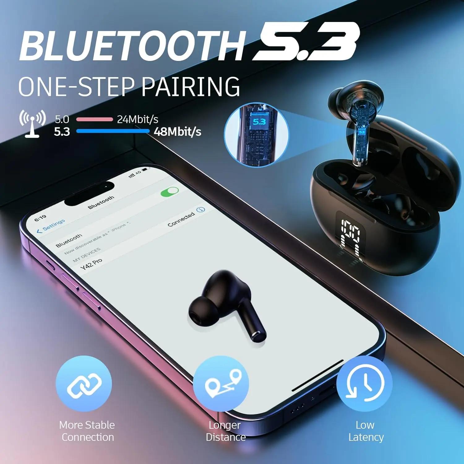 Écouteurs sans fil Bluetooth 5.3, lecture 60H, affichage de puissance LED, écouteurs, micro, suppres