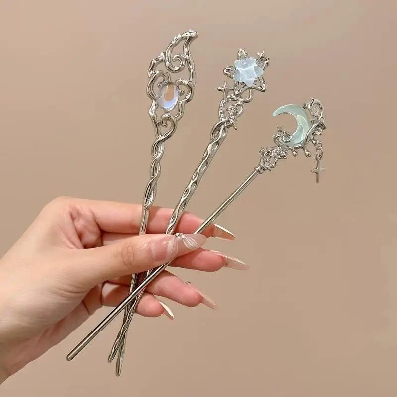 Ensemble d'épingles à cheveux en pierre de lune et étoile pour femmes, bâton de cheveux élégant en a