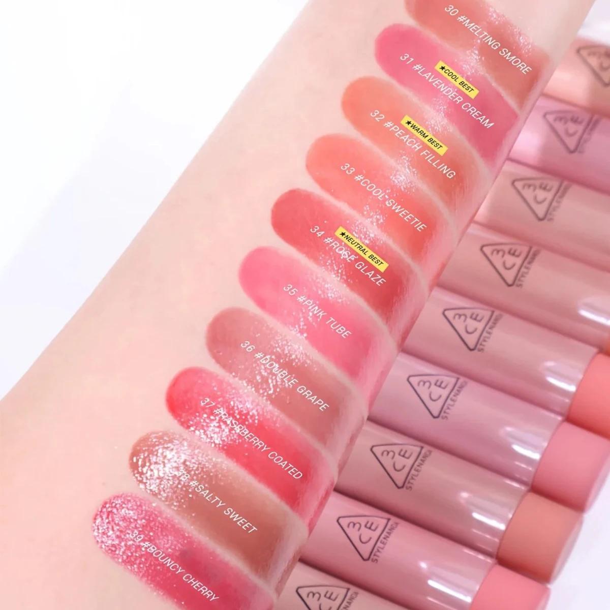 3CE Glazy Lip Glow, texture brillante et glacée, hydratant et non collant, sensation légère et aqueu