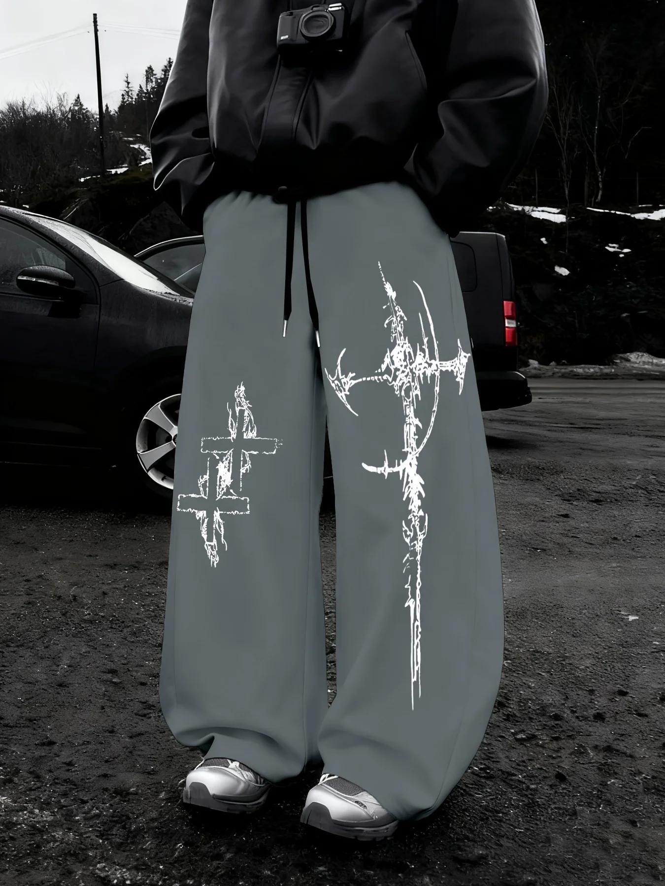 Pantalon de sport décontracté et tendance pour homme, imprimé motif croisé, avec cordon de serrage,