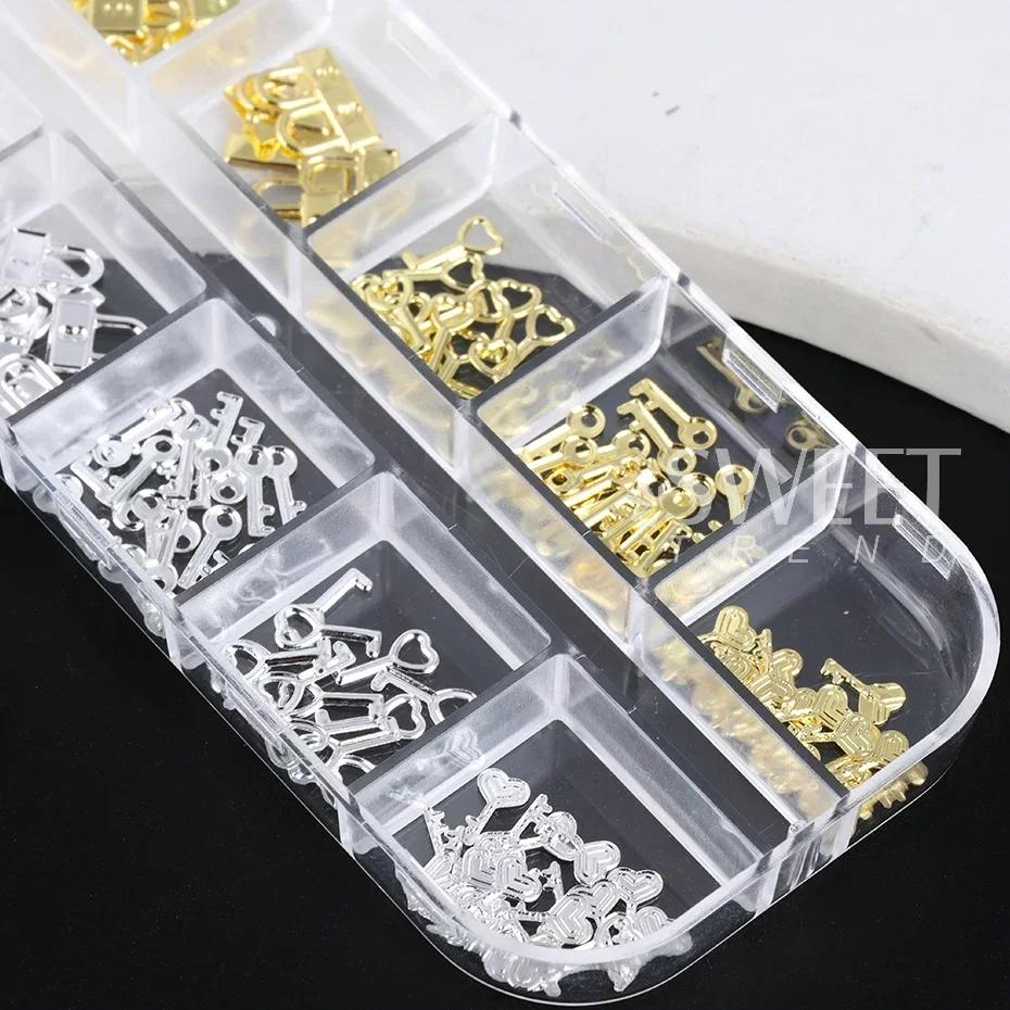 Clé de verrouillage en métal or argent, 12 grilles, pièces de décoration d'ongles, breloques en form