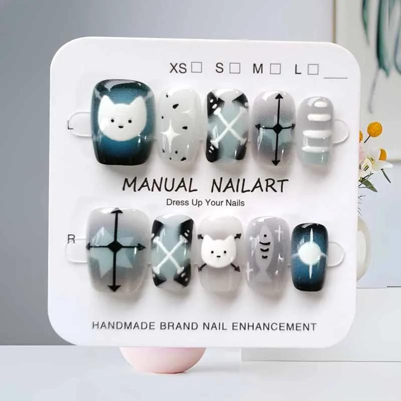 10 pièces dessin animé mignon chat noir bleu gris géométrie à la main presse sur les ongles tête car