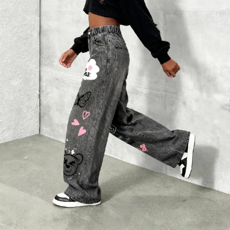 Faux jean à jambes larges imprimé graffiti de dessin animé Y2K pour filles – Faux jean coupe ample à