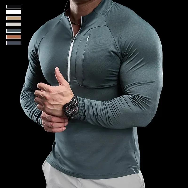 T-shirt à manches longues et col rond pour homme, vêtement de sport, de gymnastique, de course, d'en