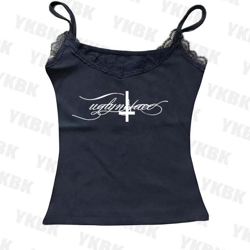 Lettre croix imprimé bretelles décontracté streetwear harajuku grunge punk Y2K crop hauts chic sexy
