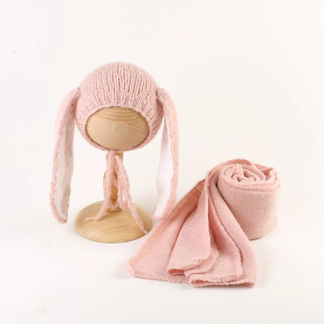 Ensemble bonnet lapin en tricot pour nouveau-né, accessoires de photographie, bonnet lapin doux, com