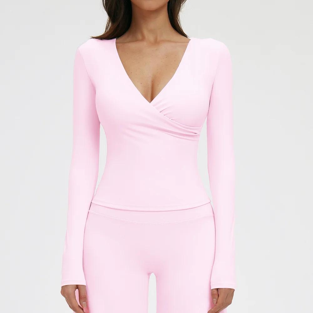 T-Shirt de Sport à manches longues pour femmes, col en v profond, Yoga, Sexy, rembourré sur la poitr