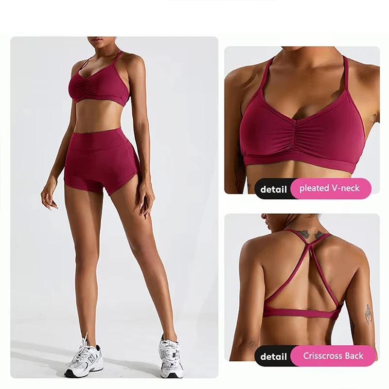 Soutien-gorge sport sexy froncé pour femme - Haut gym course dos croisé Fitness Yoga tendance