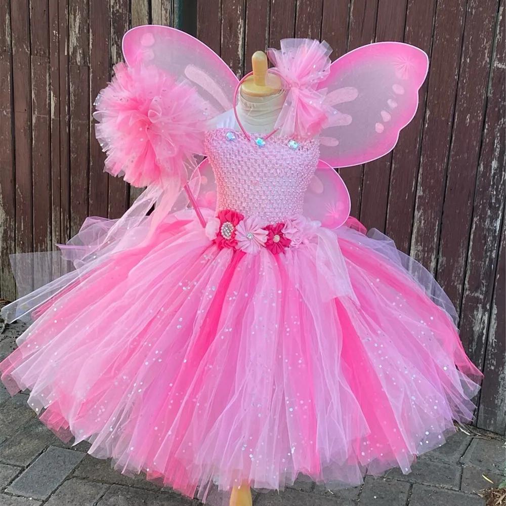 Robe Tutu à paillettes violettes pour filles, tenue Tutu féerique de fleurs avec aile de papillon et