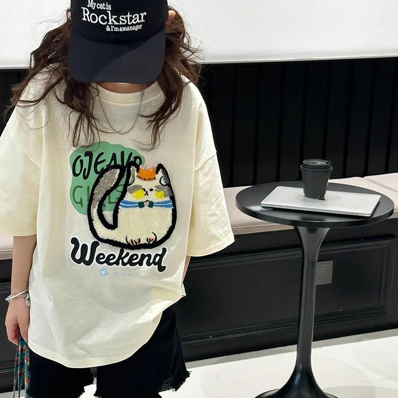 T-shirt à manches courtes pour filles, haut en coton pour enfants, vêtements d'été amples de style c